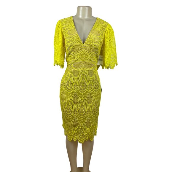 Dress the Population Womens Yellow Lace Midi Dress With Flutter Sleeves Sz L-New - Picture 1 of 11